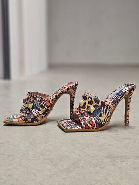 Cape Robbin Gold Studded Multicolor Printed High Heel Mules With Open Toe Womens